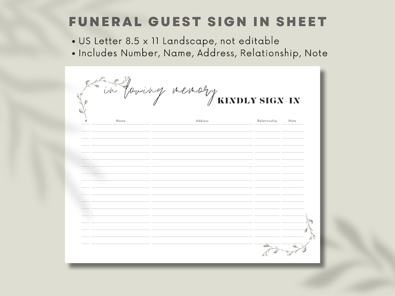 Funeral Sign in Sheet Printable Modern Funeral Guest Check in Sheet