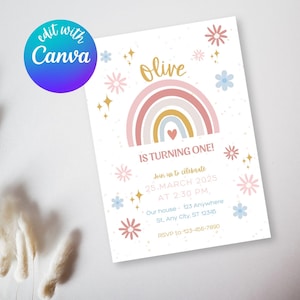 Boho Rainbow Birthday Invitation l Editable Boho Party Invite l Customizable Rainbow Birthday Invitation l Digital Download l Canva Template