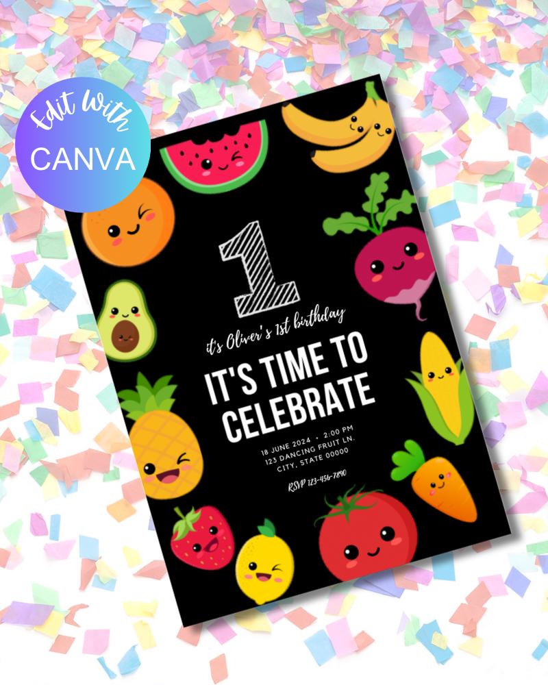 Dancing Fruit First Birthday Party Invitation I Digital Download I