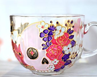 Mug d'Halloween tête de mort rose : tasse à café florale gothique, décor d'automne effrayant (17 oz)