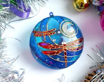 Dragonfly christmas ornament Blue New Year ball Tree decoration  handmade gift for mom Hand painted Bauble christmas