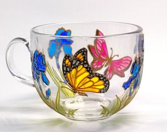 Hand Painted Butterfly Coffee Mug: Blue Iris Floral Gift
