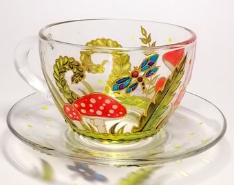 Mushroom tea cup hand painted Toadstool tea cup and saucer Personalised gift for Mom, Granny Birthday gift for teacher Custom wedding mug