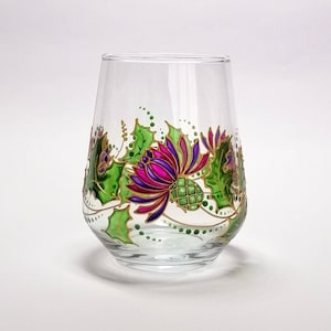 Scottish thistle wine glass stemless Personalised wine tumbler hand painted Anniversary gift for him Birthday gift for her Teacher gift