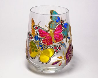 Butterfly stemless wine glass personalised Hand painted wine tumbler monarch mother's day gift for wine lover Wedding gift for parents