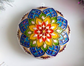 Rainbow mandala christmas ornament handmade Hand painted Christmas decor Gift for yoga lover Gift for her Yoga teacher ornament