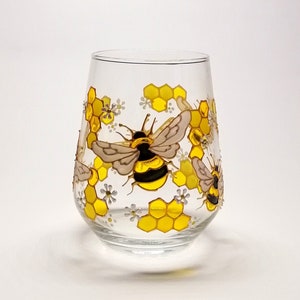 Personalized Bee Wine Tumbler: Hand-Painted Stemless Glass, New Home Gift