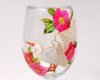 Hand Painted Stork Wine Glass: Personalized Floral Bird Design
