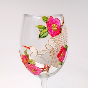 Hand Painted Stork Wine Glass: Personalized Floral Bird Design