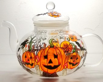 Teiera a forma di zucca di Halloween dipinta a mano con infusore: decorazione spettrale e stregata