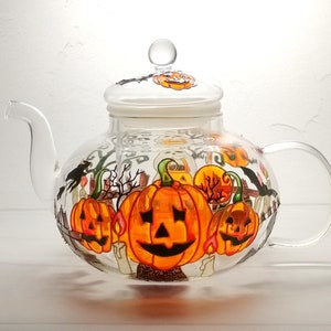 Halloween pumpkin teapot with infuser hand painted Spooky tea kettle Witchy teapot personalised Halloween Tea party decor
