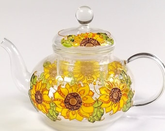 Hand Painted Sunflower Glass Teapot with Infuser