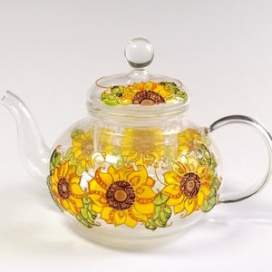 Hand Painted Sunflower Glass Teapot with Infuser