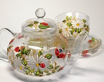 Daisy tea set with Ladybug hand painted Flower tea set for wedding gift Christmas gift for parents New home gift for tea lover Mother&#39;s day