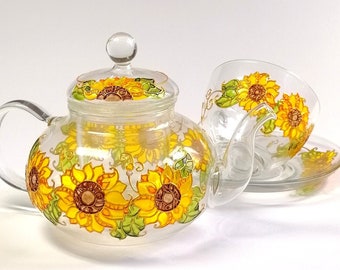 Sunflower tea set hand painted Personalised tea set for wedding gift Christmas gift for parents Birthday gift for tea lover New home gift