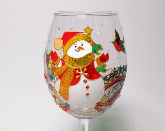 Bicchiere da vino di Natale Bicchiere da vino pupazzo di neve personalizzato Bicchiere da vino albero di Natale dipinto a mano Regalo per gli amanti del vino Bicchiere da vino ciuffolotto