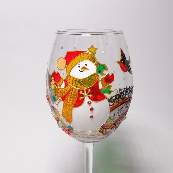 Weihnachtsweinglas Schneemann Weinglas personalisiert Handbemaltes Weihnachtsbaum Weinglas Geschenk für Weinliebhaber Bullfinch Weinglas