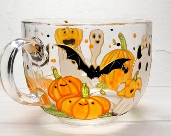 Handgeschilderde Halloween-pompoenmok: spookachtige spoken en vleermuizen, herfstdecor