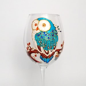 Owl wine glass hand painted  Personalised bird wine glass Wine lover gift for Birhday Gift for wife Graduation gift for friend