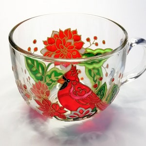 Hand Painted Cardinal Coffee Mug: Personalized Floral Glass Mug