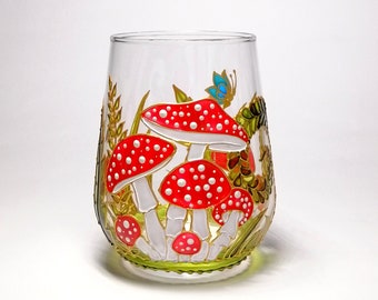 Toadstool stemless wine glass personalised mushroom wine tumbler