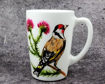 Scottish thistle mug hand painted Goldfinch coffee mug Personalised Bird tea cup handmade Christmas gift for bird lover finch ceramic mug