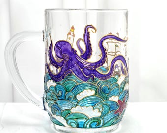 Hand Painted Octopus Beer Mug, Kraken Beer Stein, Nautical Gift for Men, Custom Beach House Decor, Ocean Lover Birthday Gift