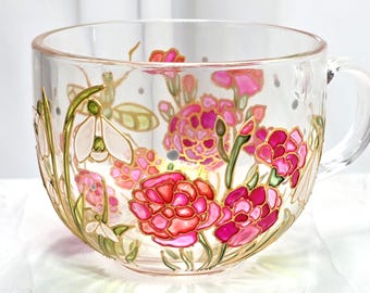 January birth flower glass mug 17 oz, Hand painted carnation snowdrop cup