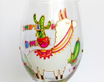 Llama wine glass Hand painted llama mama wine glass Personalised llama lover gift No drama llama Valentine's day gift for her
