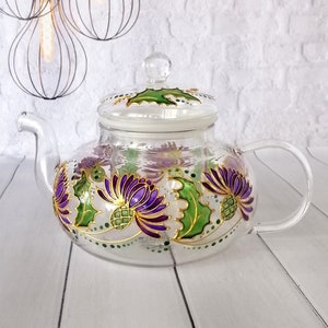 Bule de vidro pintado à mão com infusor de cardo escocês