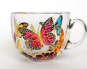 Butterfly big coffee mug personalised Glass mug hand painted Monarch mug for her Floral gift for Mom Custom mug for nature lover office mug