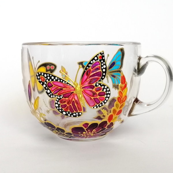 Butterfly big coffee mug personalised Glass mug hand painted Monarch mug for her Floral gift for Mom Custom mug for nature lover office mug