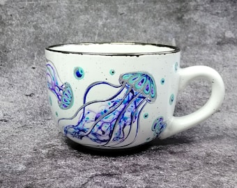 Jellyfish big coffee mug personalised Big Ceramic mug hand painted Unique ocean inspired decor Sea Custom mug for nature lover Office mug