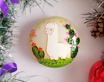 Llama christmas ornament with cactus Personalised llama ornament handmade Hand painted cactus ornament Llama lover gift for kids
