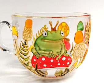 Frog coffee mug Mushroom coffee mug hand painted Personalised toadstool tea cup Coffee lover gift for woman, wife, Birthday gift for her