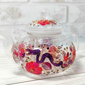 Hand-Painted Snake Glass Teapot: Floral Design with Infuser
