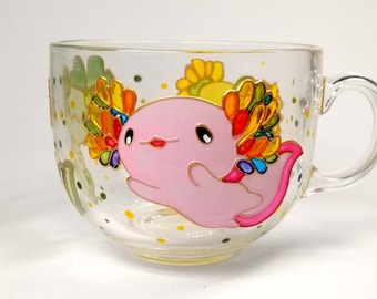 Hand Painted Axolotl Glass Coffee Mug: Personalized Funny Pink Cup
