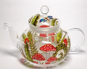 Mushroom glass teapot Personalised hand painted teapot with infuser Christmas gift for Granny Wedding gift for parents