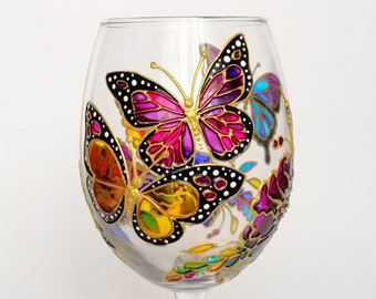 Personalised wine glass Monarch butterfly Hand painted wine glass with flowers Wedding glasses Bithday gift for wine lover