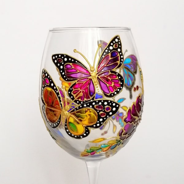 Personalised wine glass Monarch butterfly Hand painted wine glass with flowers Wedding glasses Bithday gift for wine lover