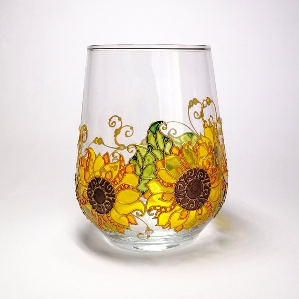 Sunflower stemless wine glass personalised Flower wine tumbler hand painted Wedding glasses Floral gift for mother's day Thank you gift