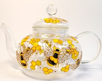 Bee glass teapot Personalised tea pot with honeycomb Wedding gift for parents Hand painted tea kettle with infuser Gift for mother's day