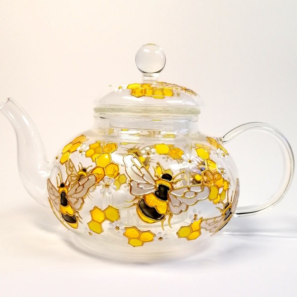 Bee glass teapot Personalised tea pot with honeycomb Wedding gift for parents Hand painted tea kettle with infuser Gift for mother's day