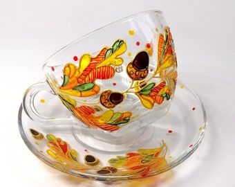 Acorn tea cup and saucer Personalised gift for Mom, Granny Birthday gift for teacher Custom wedding mug Fall leaves mug hand painted