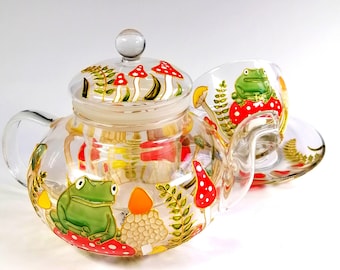 Frog on Mushroom tea set Personalised toadstool tea set for Birthday gift Anniversary gift for parents New home gift Tea party garden gift