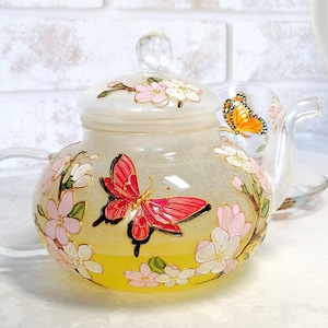 Personalized Butterfly Tea Set: Hand-Painted Cherry Blossom Glass Teapot