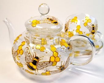 Bee and honeycomb tea set Handpainted tea pot and tea cup with a saucer Personalised bee mug Bee tea pot with infuser Christmas gift for her