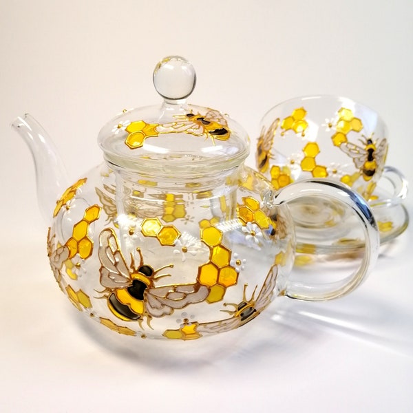 Bee and honeycomb tea set Handpainted tea pot and tea cup with a saucer Personalised bee mug Bee tea pot with infuser Christmas gift for her