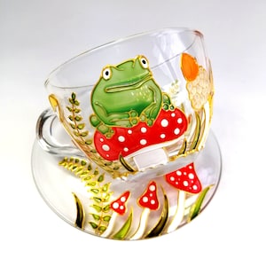 Frog on mushroom tea cup and saucer Toadstool coffee mug personalised Hand painted tea set for one New home Gift for friend Funny mug