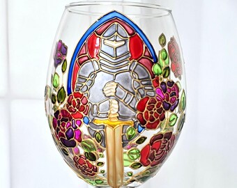 Knight in Armor Hand Painted Wine Glass, Medieval Gothic Goblet, Dagger and Heart Wine Glass Set, Dark Academia Gift, Medieval Romance Gift